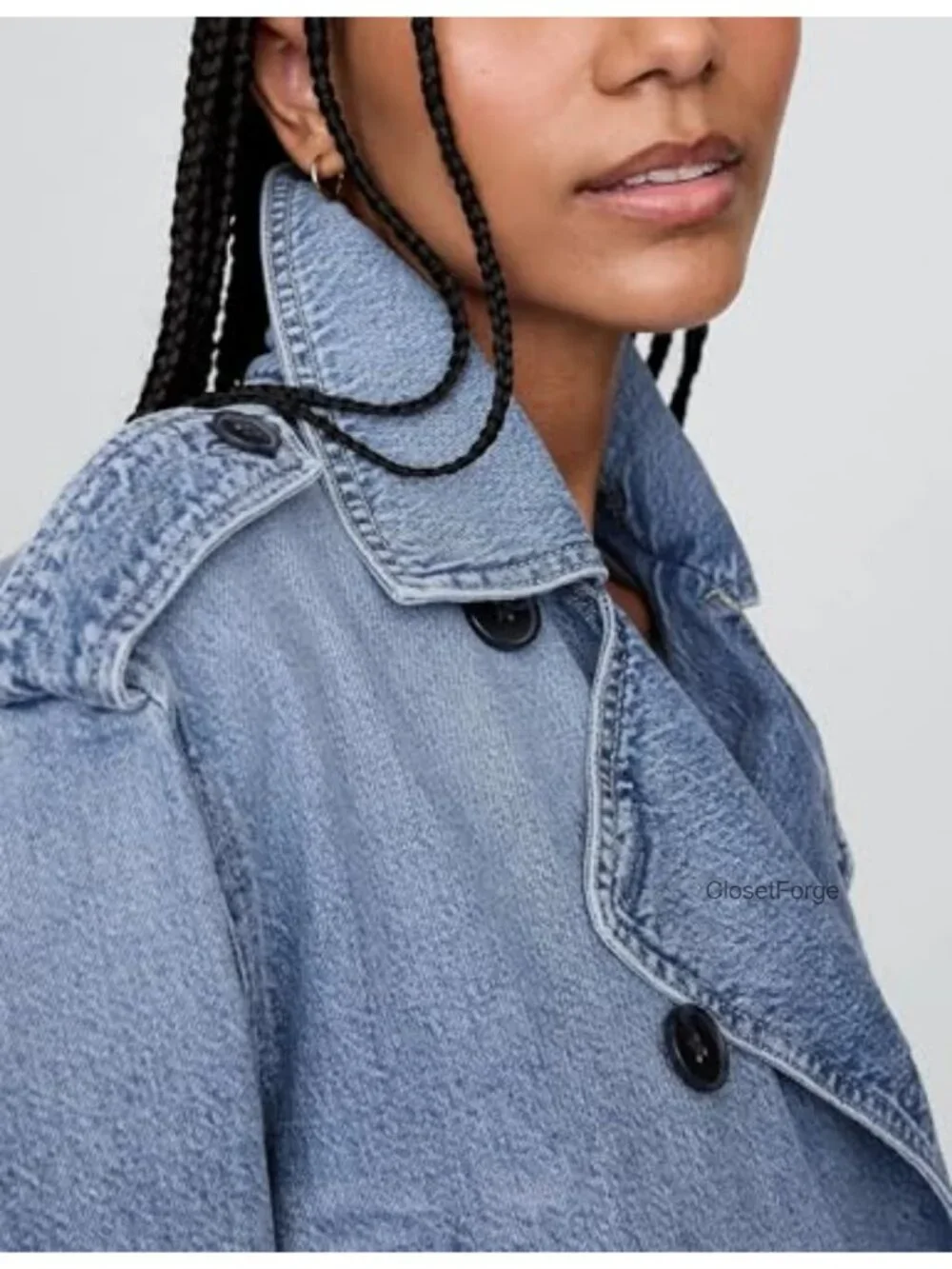 Cropped Denim Trench Coat Notch Collar Double Breasted Button Front Jacket